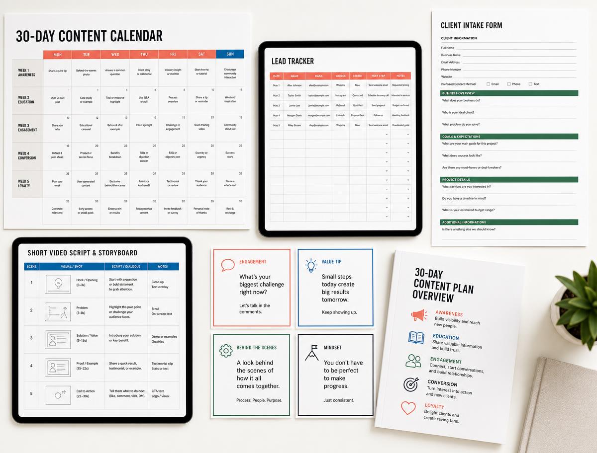 Content calendar, client intake form, lead tracker, and video script templates arranged on a desk
